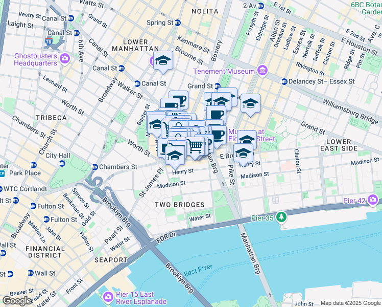 map of restaurants, bars, coffee shops, grocery stores, and more near 19 Bowery in New York