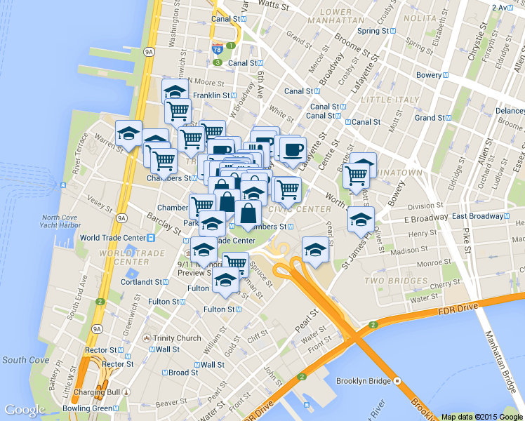 map of restaurants, bars, coffee shops, grocery stores, and more near 278 Broadway in New York