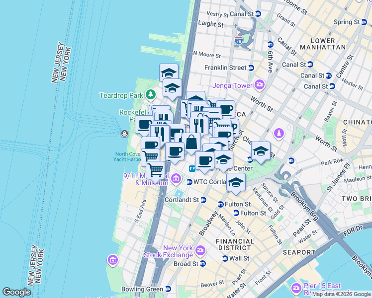 map of restaurants, bars, coffee shops, grocery stores, and more near 125 Barclay Street in New York