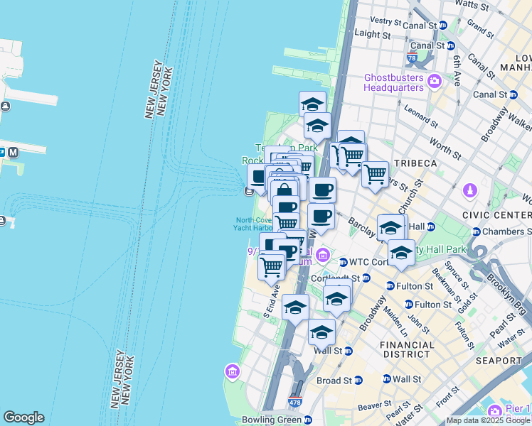 map of restaurants, bars, coffee shops, grocery stores, and more near 1 North End Avenue in New York