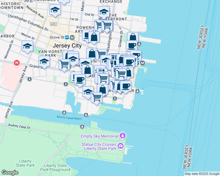 map of restaurants, bars, coffee shops, grocery stores, and more near 77 Sussex Street in Jersey City
