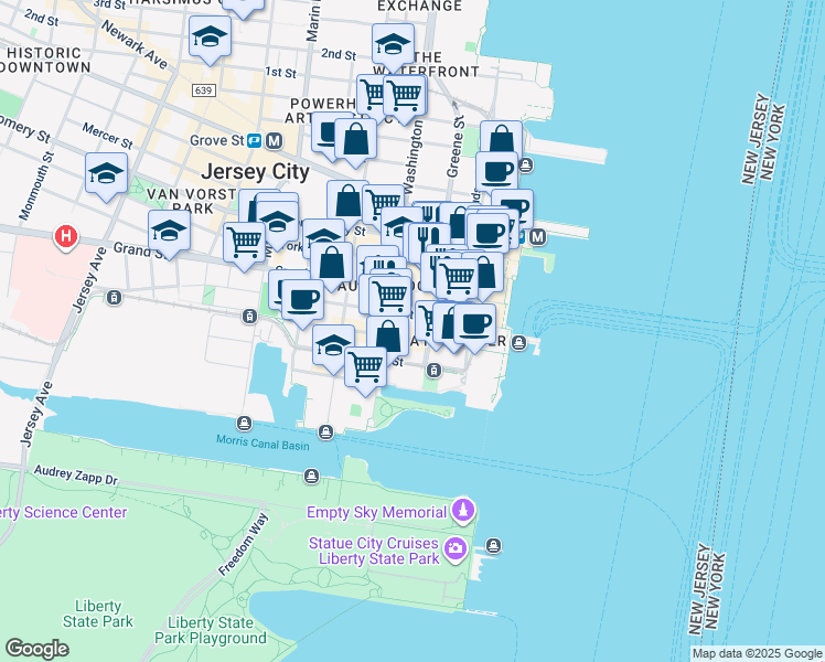 map of restaurants, bars, coffee shops, grocery stores, and more near 77 Sussex Street in Jersey City