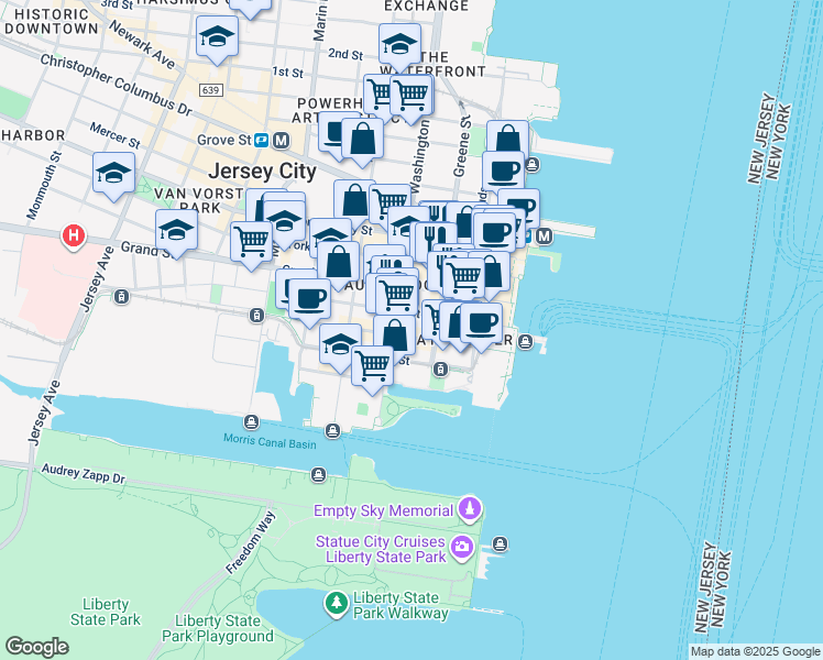 map of restaurants, bars, coffee shops, grocery stores, and more near 77 Sussex Street in Jersey City