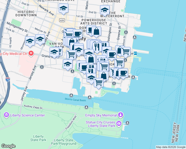 map of restaurants, bars, coffee shops, grocery stores, and more near 207 Warren Street in Jersey City