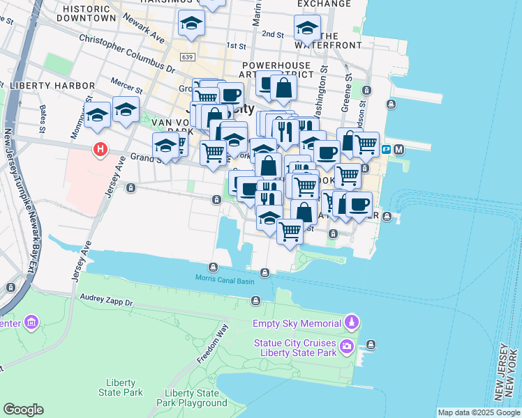 map of restaurants, bars, coffee shops, grocery stores, and more near 207 Warren Street in Jersey City