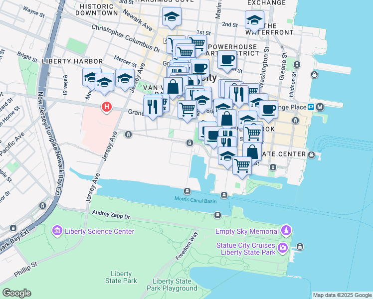 map of restaurants, bars, coffee shops, grocery stores, and more near 201 Marin Boulevard in Jersey City