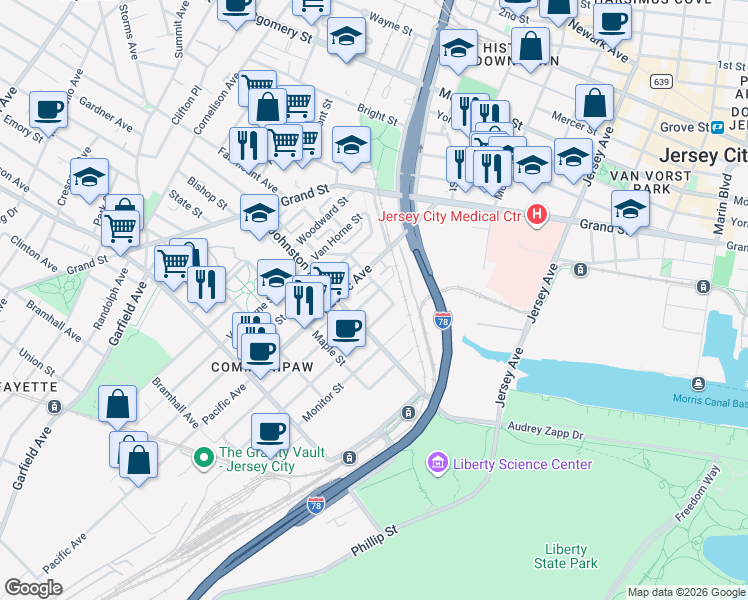 map of restaurants, bars, coffee shops, grocery stores, and more near 442 Pacific Avenue in Jersey City