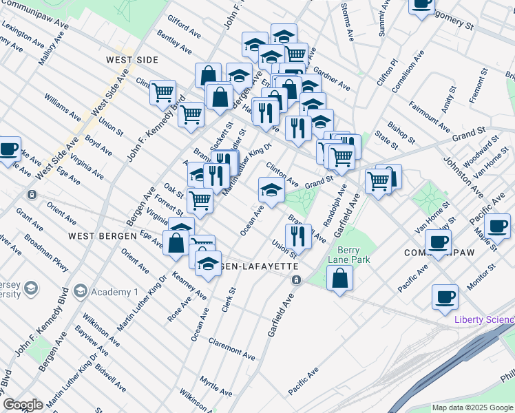 map of restaurants, bars, coffee shops, grocery stores, and more near in Jersey City