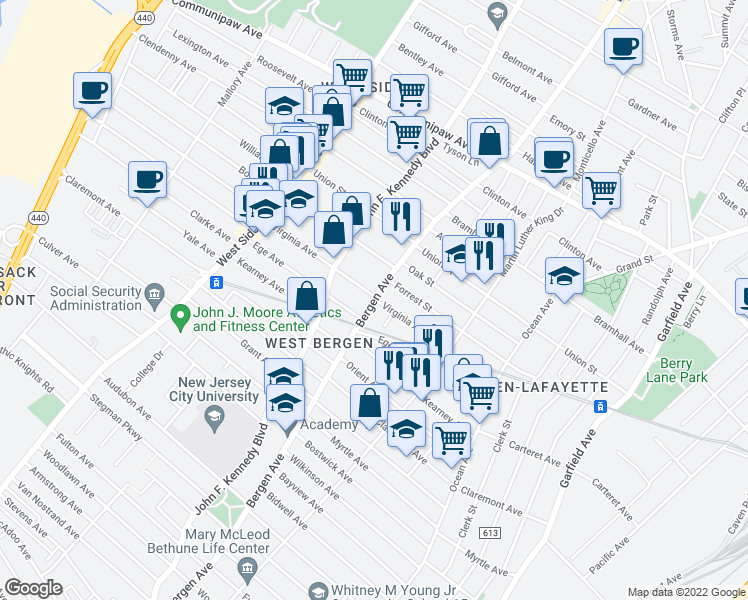 map of restaurants, bars, coffee shops, grocery stores, and more near 367 Bergen Avenue in Jersey City
