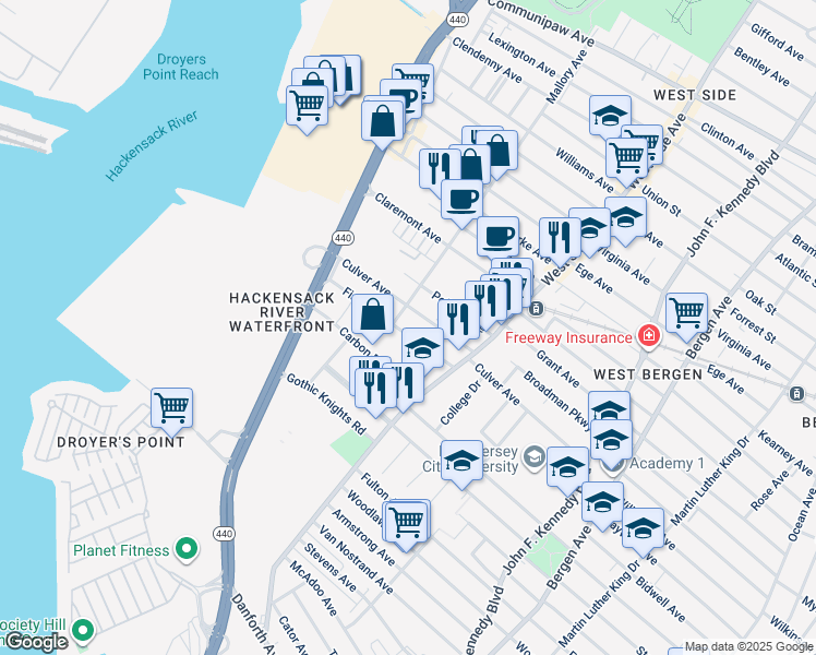 map of restaurants, bars, coffee shops, grocery stores, and more near 211 Culver Avenue in Jersey City