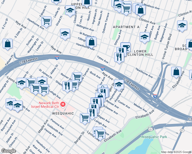 map of restaurants, bars, coffee shops, grocery stores, and more near 22 Nye Avenue in Newark