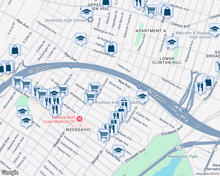 map of restaurants, bars, coffee shops, grocery stores, and more near 56-58 Bock Avenue in Newark