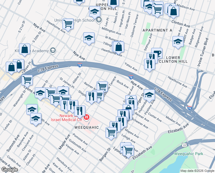 map of restaurants, bars, coffee shops, grocery stores, and more near 88 Huntington Terrace in Newark