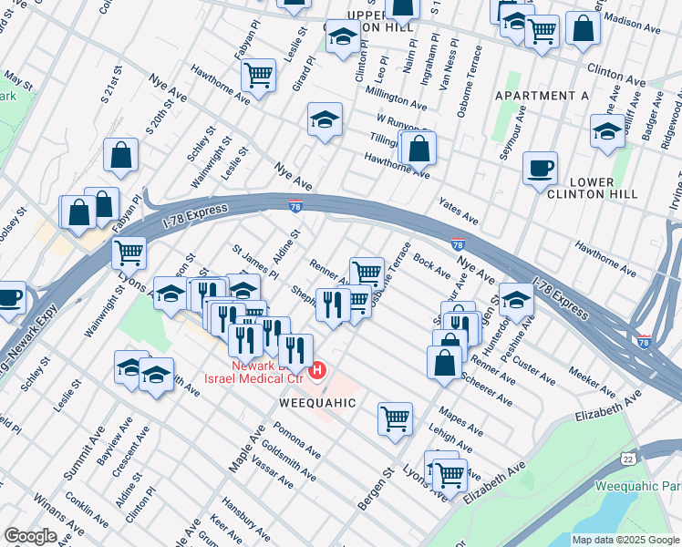 map of restaurants, bars, coffee shops, grocery stores, and more near 95 Schuyler Avenue in Newark