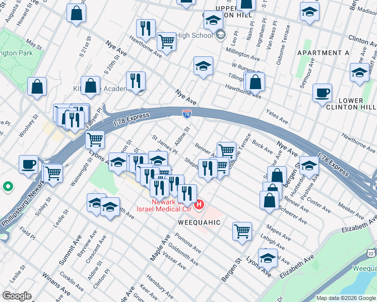 map of restaurants, bars, coffee shops, grocery stores, and more near 36 Aldine Street in Newark