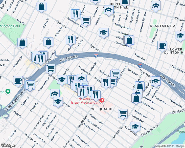 map of restaurants, bars, coffee shops, grocery stores, and more near 36 Aldine Street in Newark