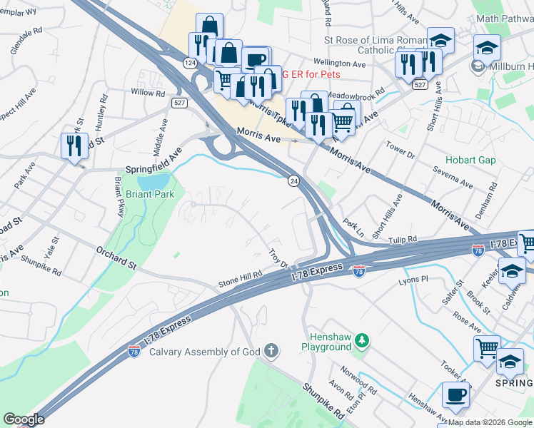 map of restaurants, bars, coffee shops, grocery stores, and more near 55C Troy Drive in Springfield