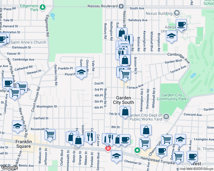 map of restaurants, bars, coffee shops, grocery stores, and more near 270 Roxbury Road South in Garden City South