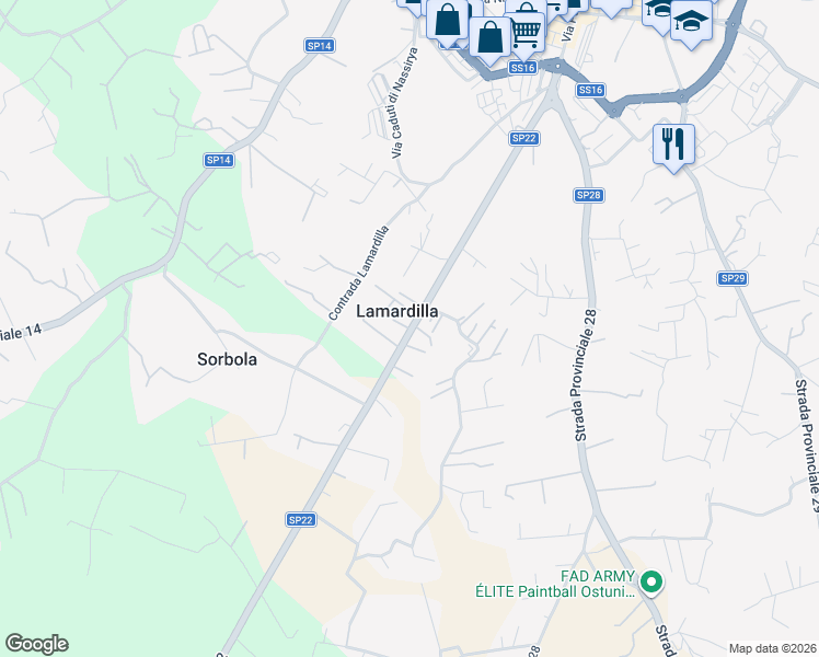 map of restaurants, bars, coffee shops, grocery stores, and more near 192 Via Papa Giovanni XXIII in Lamardilla