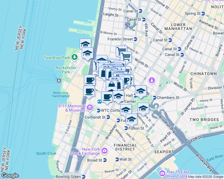 map of restaurants, bars, coffee shops, grocery stores, and more near 56 West Broadway in New York