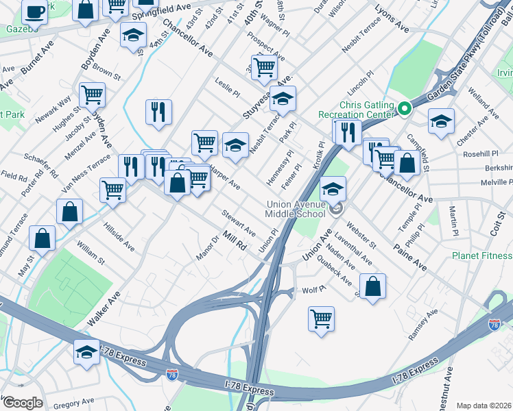 map of restaurants, bars, coffee shops, grocery stores, and more near 106 Harper Avenue in Irvington