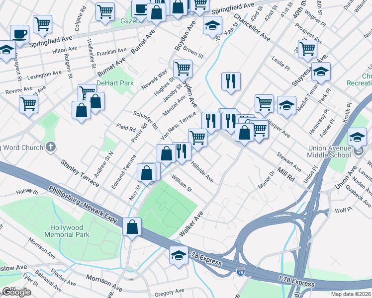 map of restaurants, bars, coffee shops, grocery stores, and more near 20 Berkley Street in Maplewood