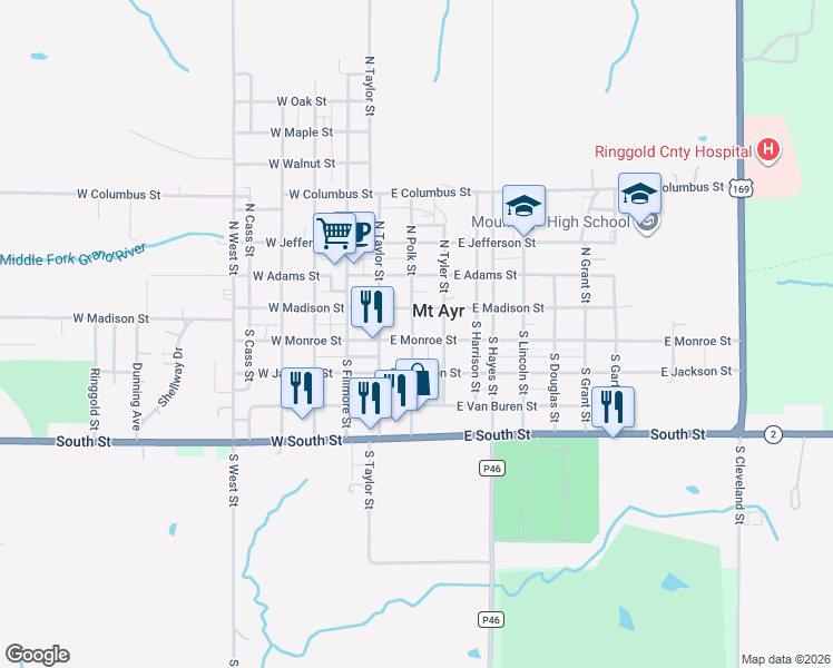 map of restaurants, bars, coffee shops, grocery stores, and more near 102 South Polk Street in Mount Ayr
