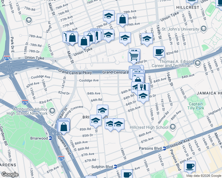 map of restaurants, bars, coffee shops, grocery stores, and more near 147-21 Hoover Avenue in Queens