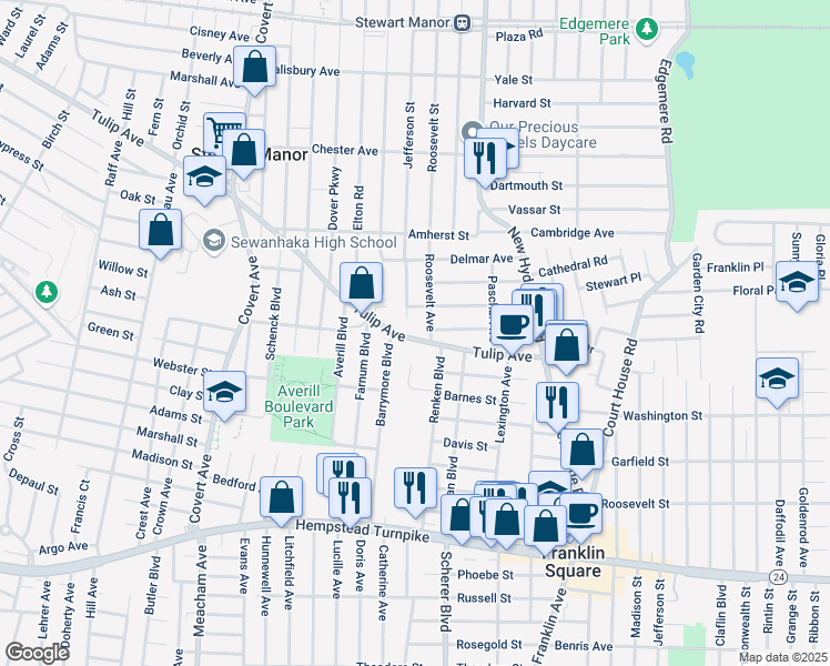 map of restaurants, bars, coffee shops, grocery stores, and more near 259 Roosevelt Avenue in Franklin Square