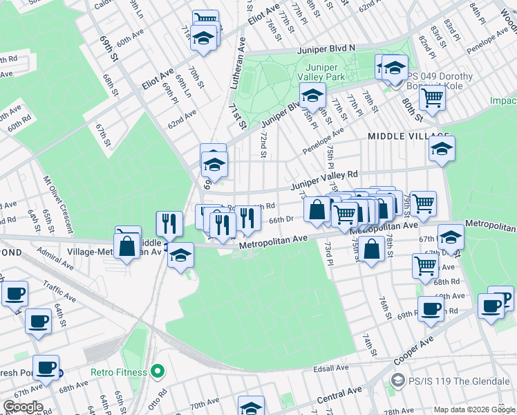 map of restaurants, bars, coffee shops, grocery stores, and more near 71-04 Juniper Valley Road in Queens