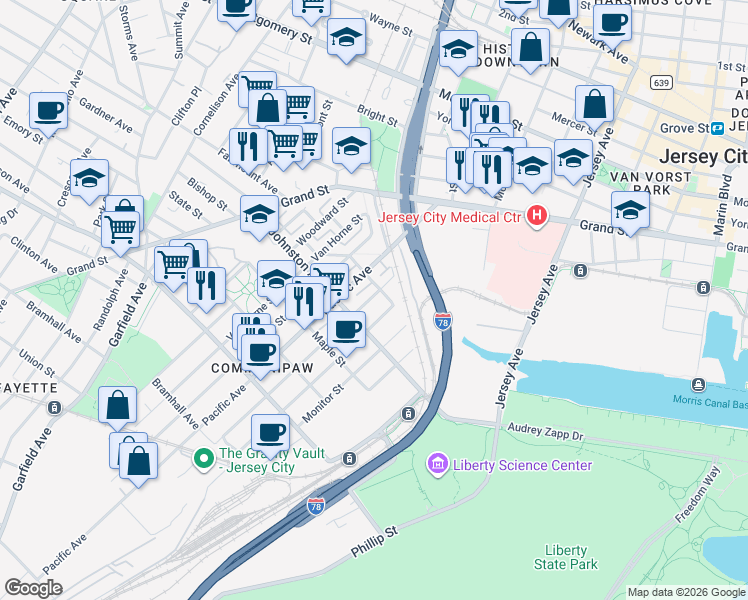 map of restaurants, bars, coffee shops, grocery stores, and more near 442 Pacific Avenue in Jersey City