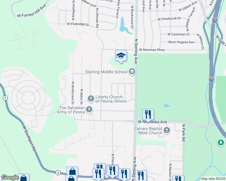 map of restaurants, bars, coffee shops, grocery stores, and more near 2126 North Drury Lane in Peoria