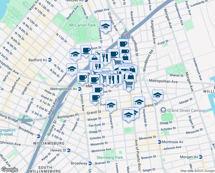 map of restaurants, bars, coffee shops, grocery stores, and more near 661 Metropolitan Avenue in Brooklyn
