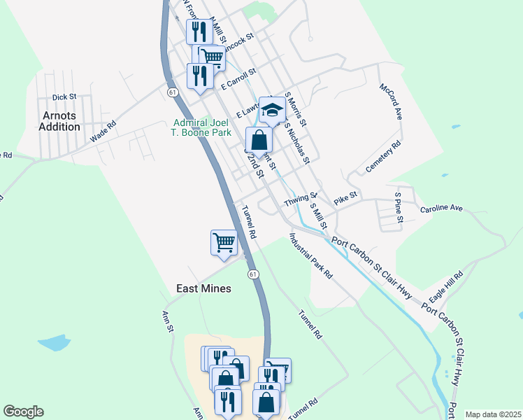 map of restaurants, bars, coffee shops, grocery stores, and more near Cinder Alley in Saint Clair