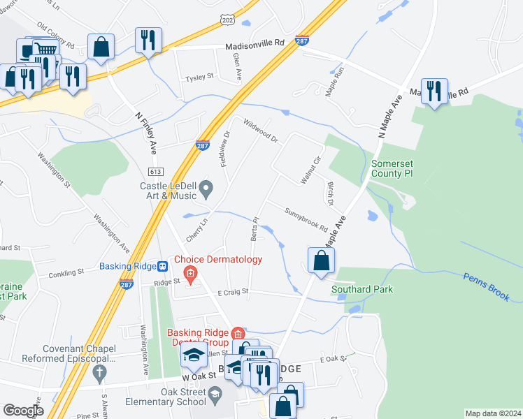 map of restaurants, bars, coffee shops, grocery stores, and more near 4 Sunnybrook Road in Basking Ridge