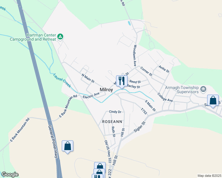 map of restaurants, bars, coffee shops, grocery stores, and more near 235 North Main Street in Milroy