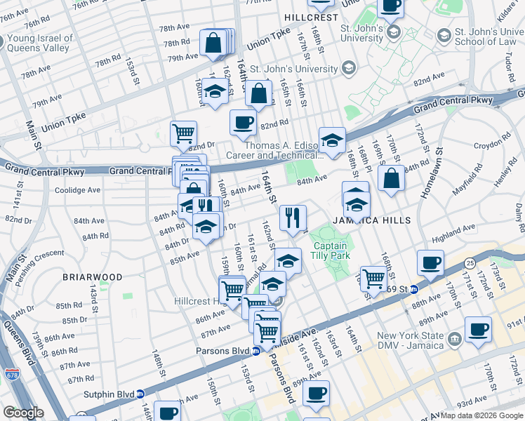 map of restaurants, bars, coffee shops, grocery stores, and more near 161-25 84th Drive in Queens