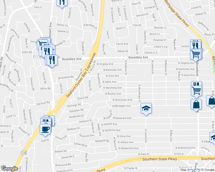 map of restaurants, bars, coffee shops, grocery stores, and more near 365 North Wyoming Avenue in Massapequa