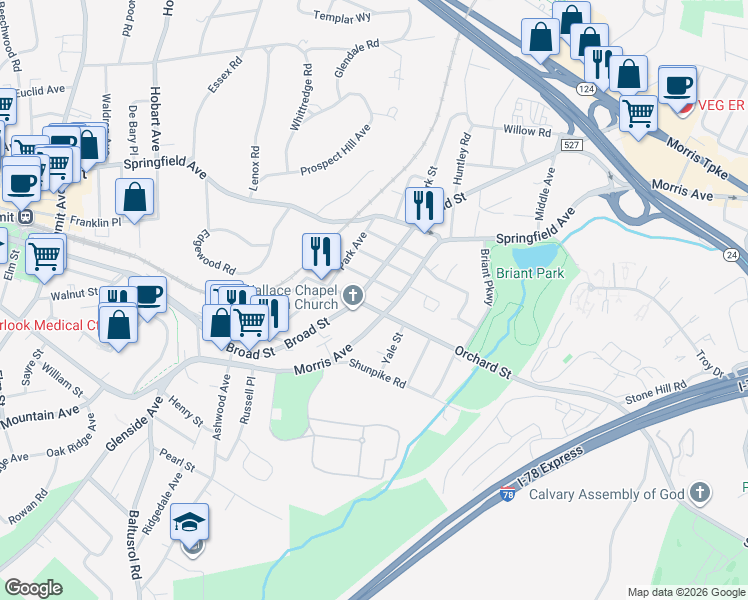 map of restaurants, bars, coffee shops, grocery stores, and more near 129 Broad Street in Summit