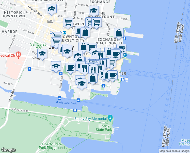 map of restaurants, bars, coffee shops, grocery stores, and more near 84 Morris Street in Jersey City
