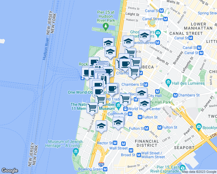 map of restaurants, bars, coffee shops, grocery stores, and more near 141 West Street in New York