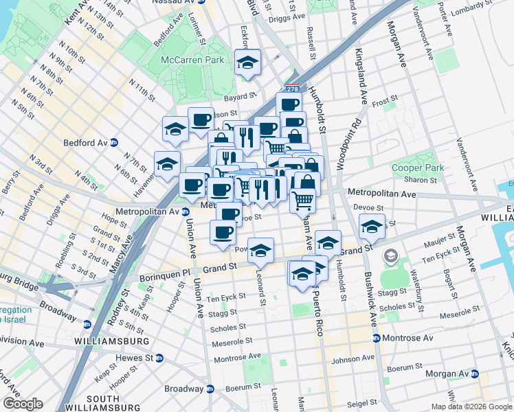 map of restaurants, bars, coffee shops, grocery stores, and more near 661 Metropolitan Avenue in Brooklyn