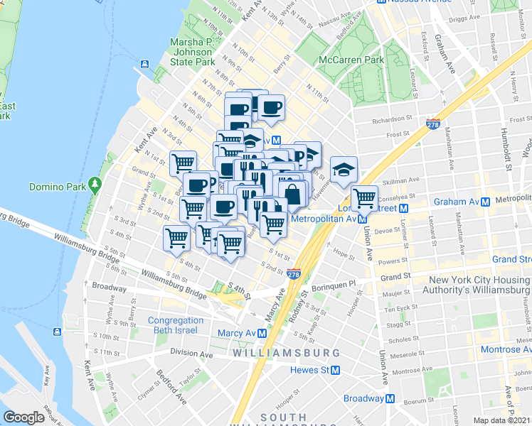 map of restaurants, bars, coffee shops, grocery stores, and more near 153 Roebling Street in Brooklyn