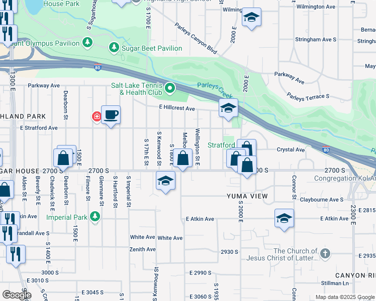 map of restaurants, bars, coffee shops, grocery stores, and more near 2663 Melbourne Street in Salt Lake City