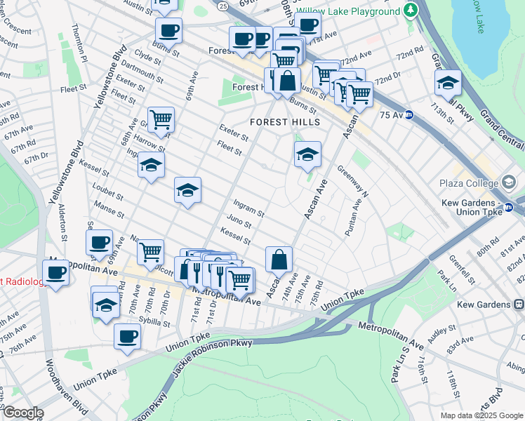 map of restaurants, bars, coffee shops, grocery stores, and more near 71-71 Ingram Street in Queens