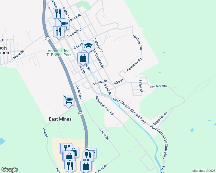 map of restaurants, bars, coffee shops, grocery stores, and more near 521 South Mill Street in Saint Clair