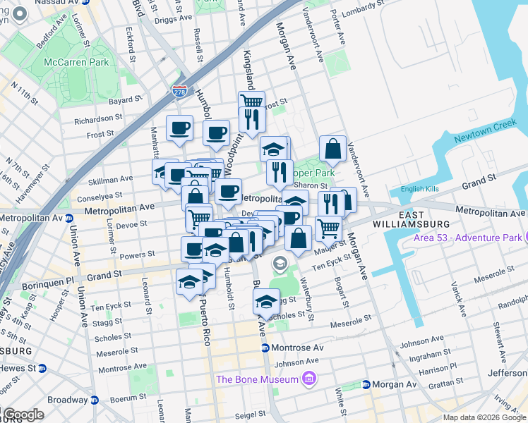 map of restaurants, bars, coffee shops, grocery stores, and more near 890 Metropolitan Avenue in Brooklyn