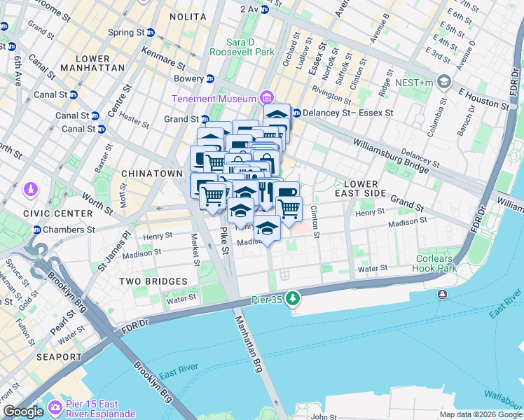 map of restaurants, bars, coffee shops, grocery stores, and more near East Broadway in New York