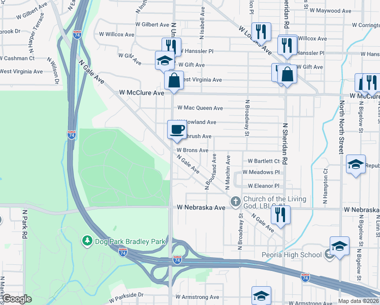 map of restaurants, bars, coffee shops, grocery stores, and more near 1214 West Brons Avenue in Peoria