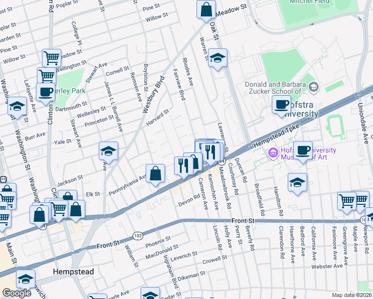 map of restaurants, bars, coffee shops, grocery stores, and more near 42 Surrey Lane in Hempstead